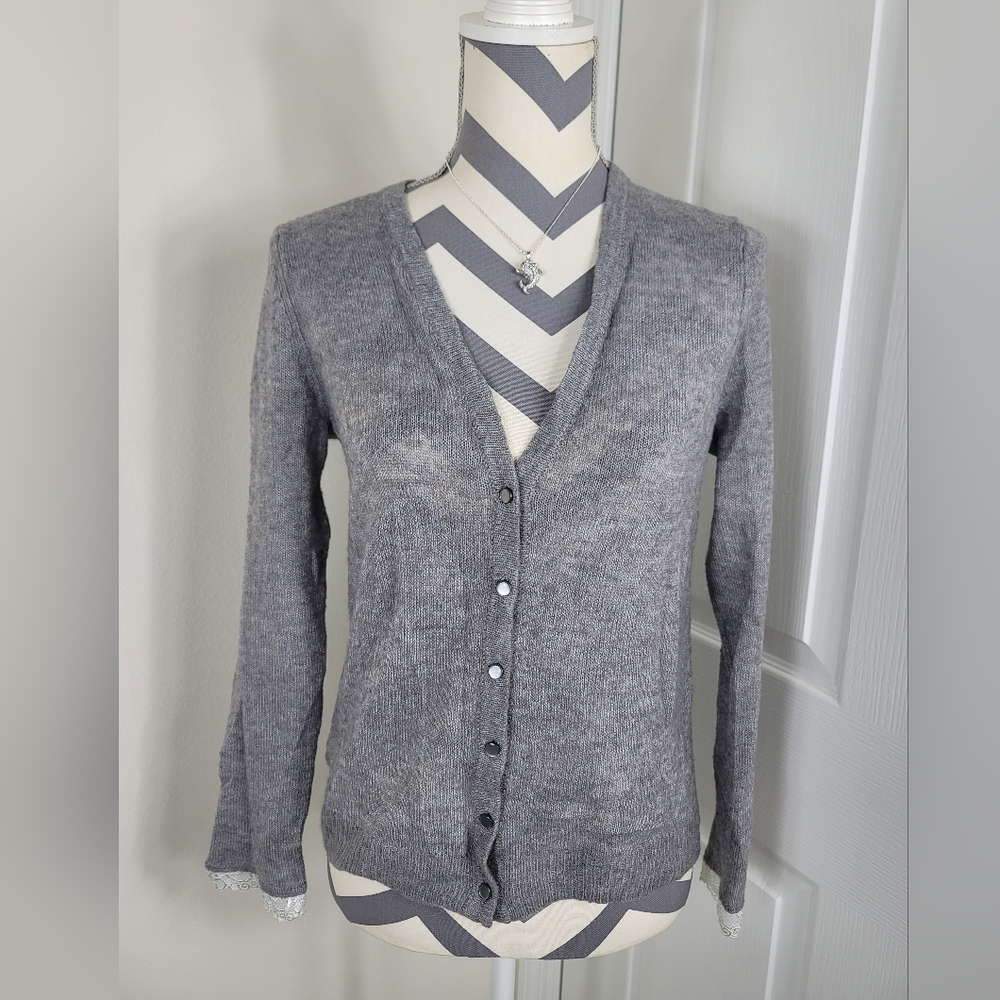 J.Crew Mercantile Lace Sleeve Alpaca Blend Cardigan Sweater Sz S Women’s V-neck